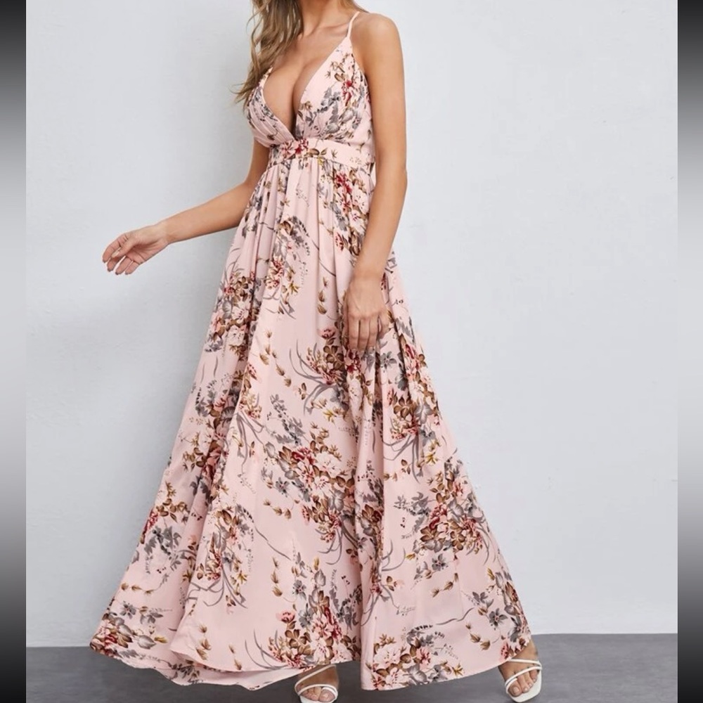 Boho Floral Print Deep Neck Backless Open Back Cami Maxi Dress - Picture 3 of 5